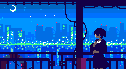 Pixelart of a woman on a boat staring at the Tokyo skyline